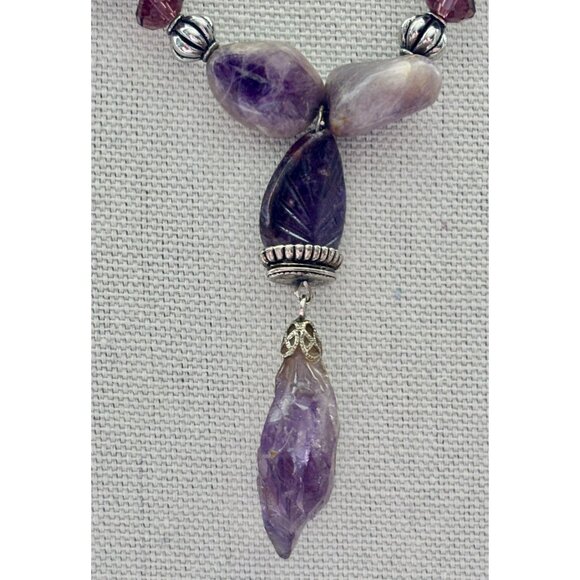 Amethyst & Purple Stone Beaded Necklace With Silver Accents Dangling Pendant & A - Picture 4 of 8